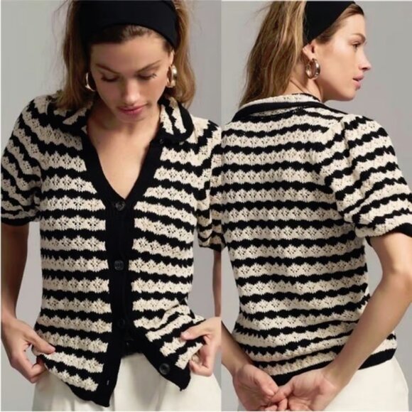 NWT Anthropologie Maeve Striped Crochet Sweater Knit Short Sleeve Cardigan Small - Picture 1 of 11